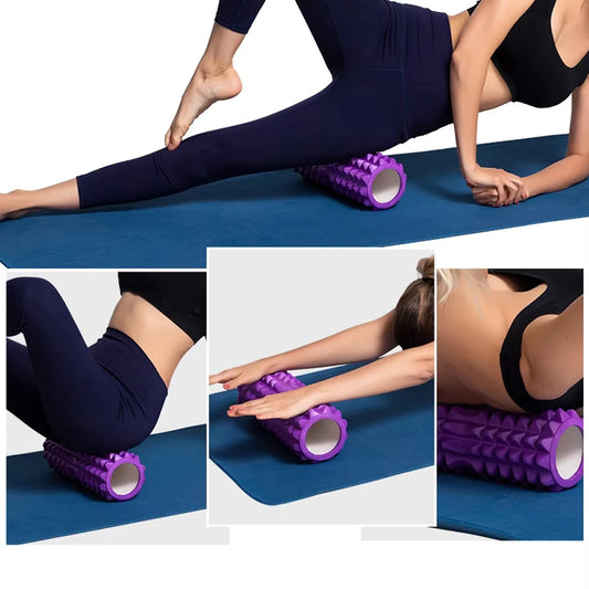 Person using a purple foam roller on a blue mat with close-up shots of the tool.