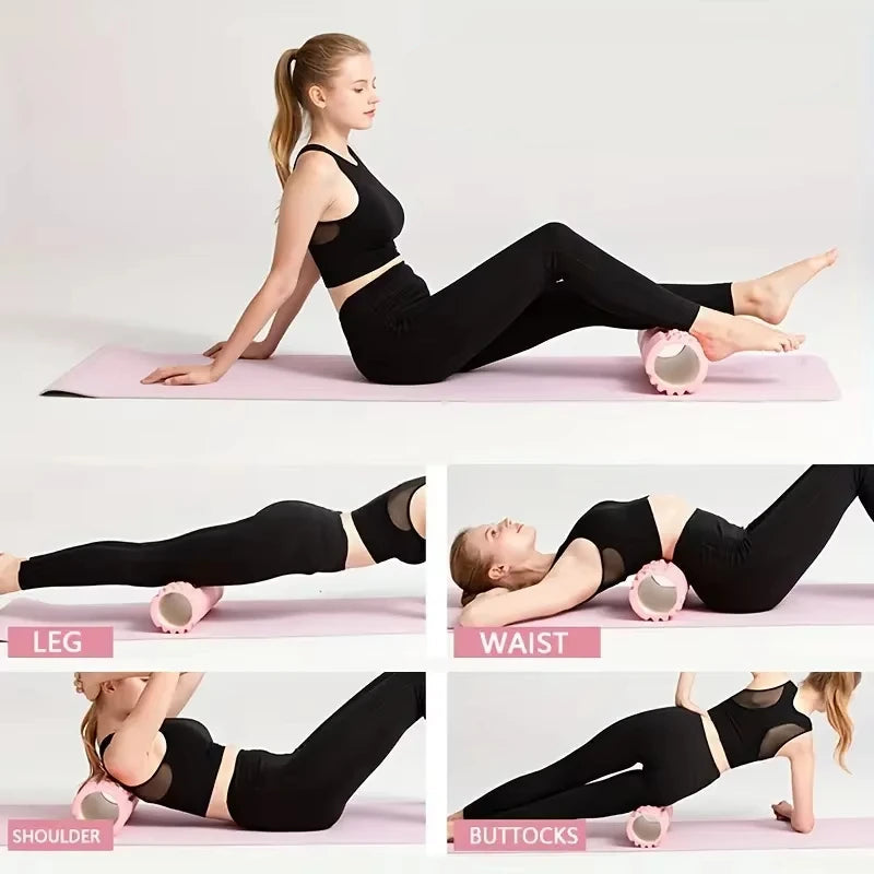 Woman demonstrating massage roller use for leg, waist, and buttocks on a pink mat.
