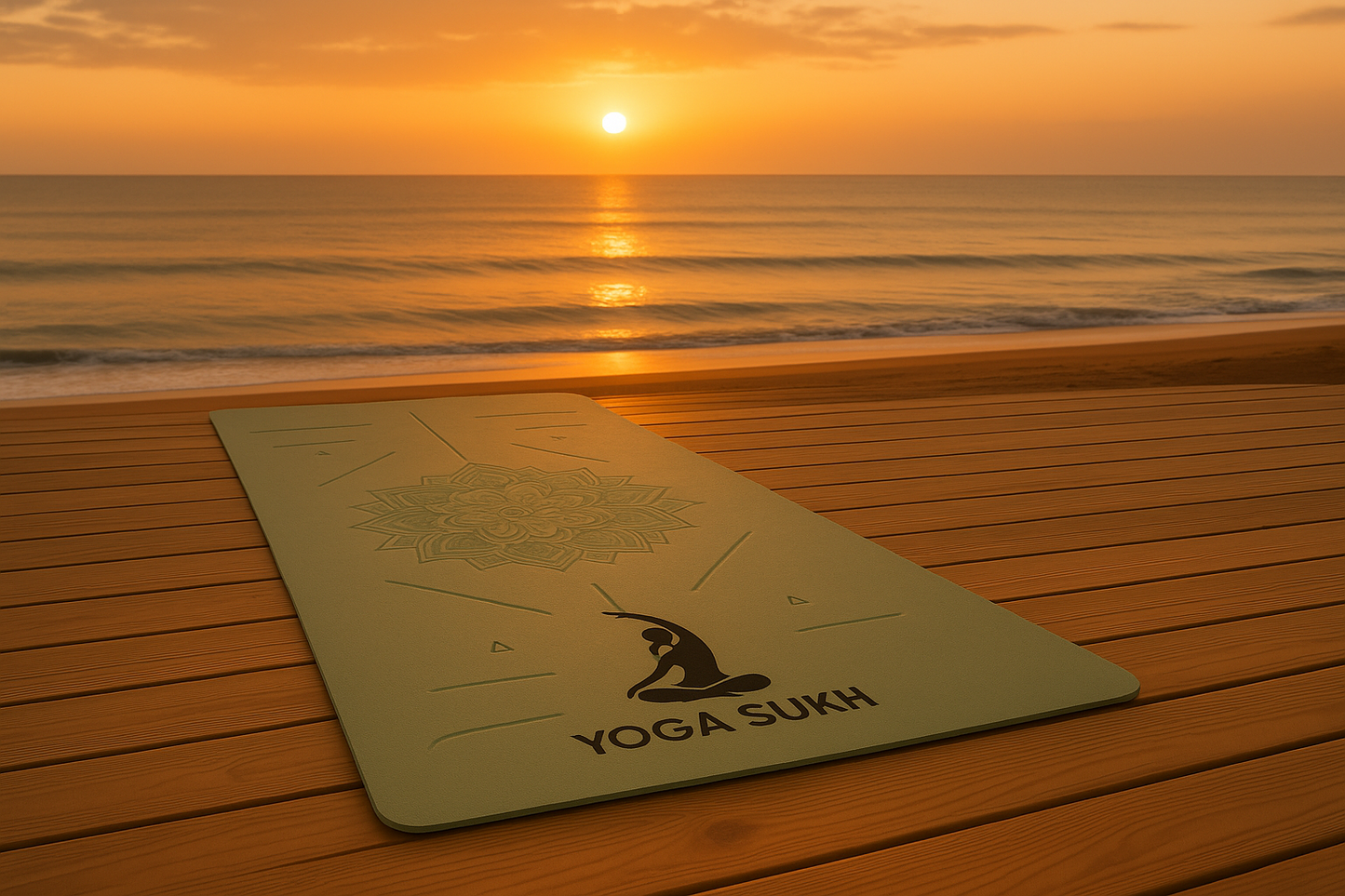 Yoga mat with 'Yoga Sukh' branding on a wooden deck during sunset at the beach.