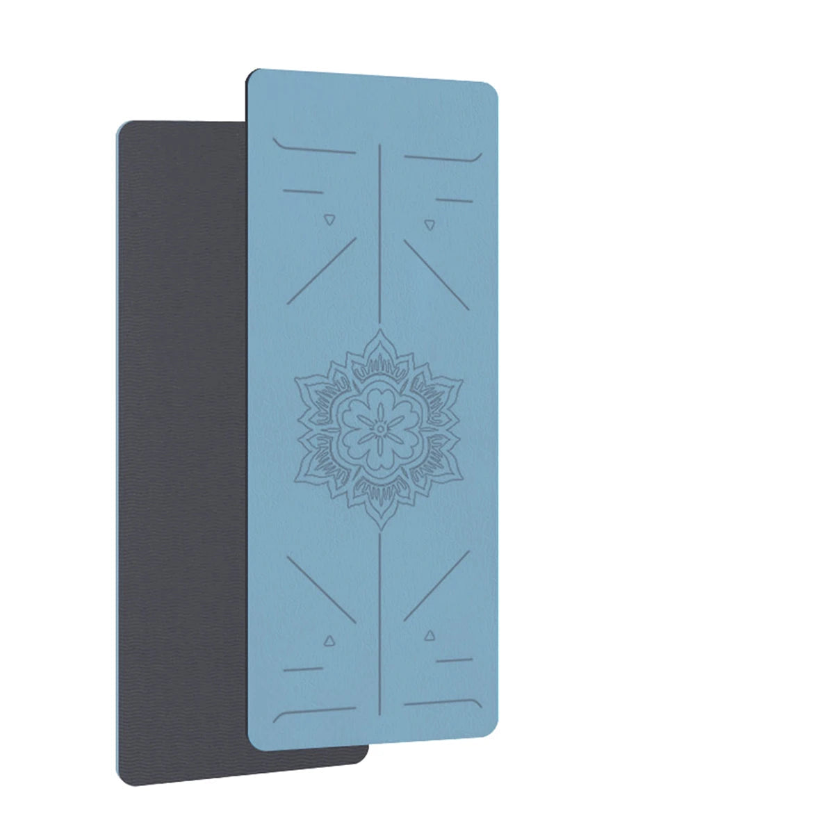Two yoga mats, one black and one blue with a floral design, on a white background.