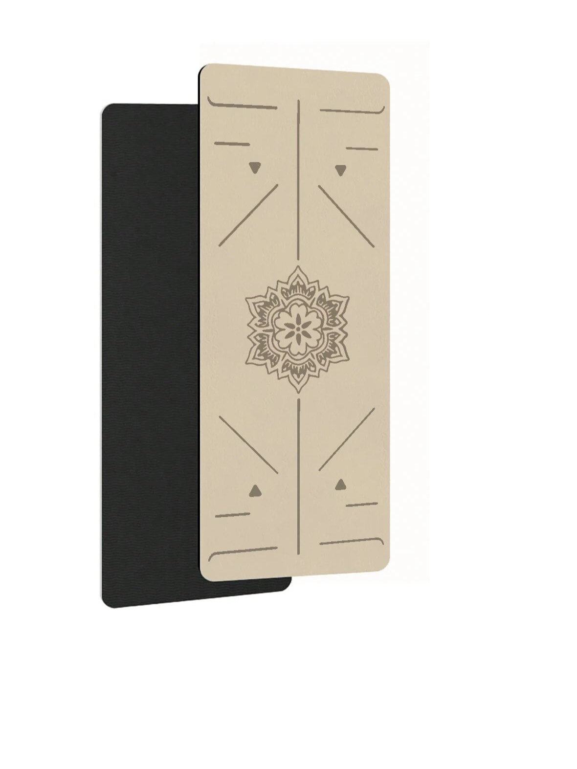 Black and beige yoga mat with a mandala design on a white background