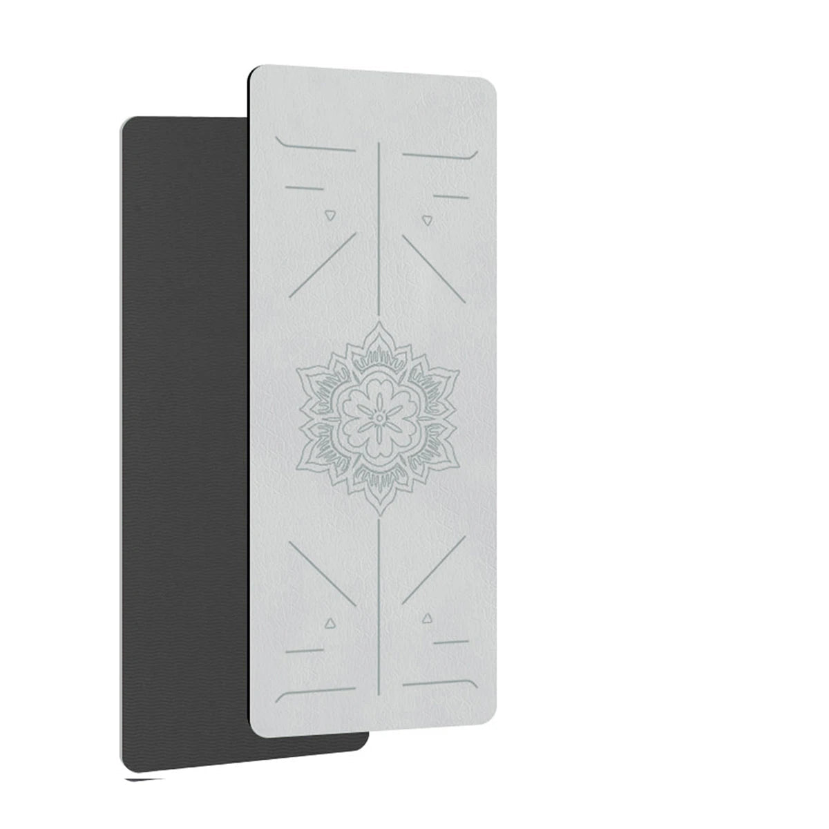 Black and white yoga mats with a mandala design on a white background