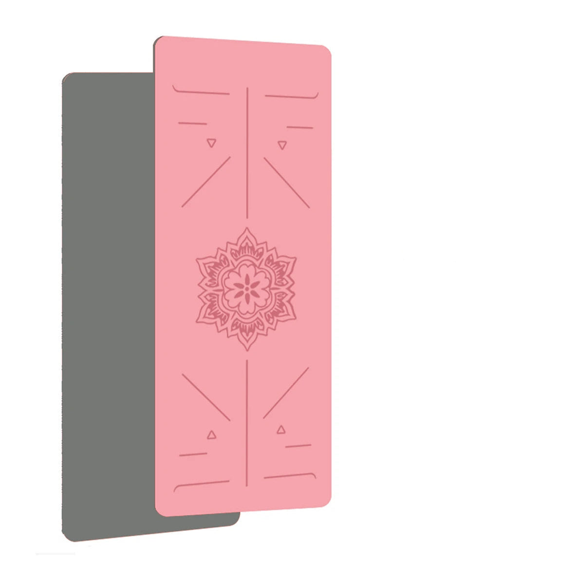 Pink and gray yoga mats with a mandala design on a white background