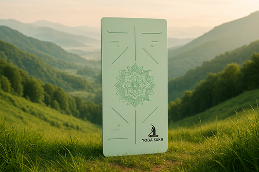 Yoga mat with a mandala design in a natural setting with mountains and greenery